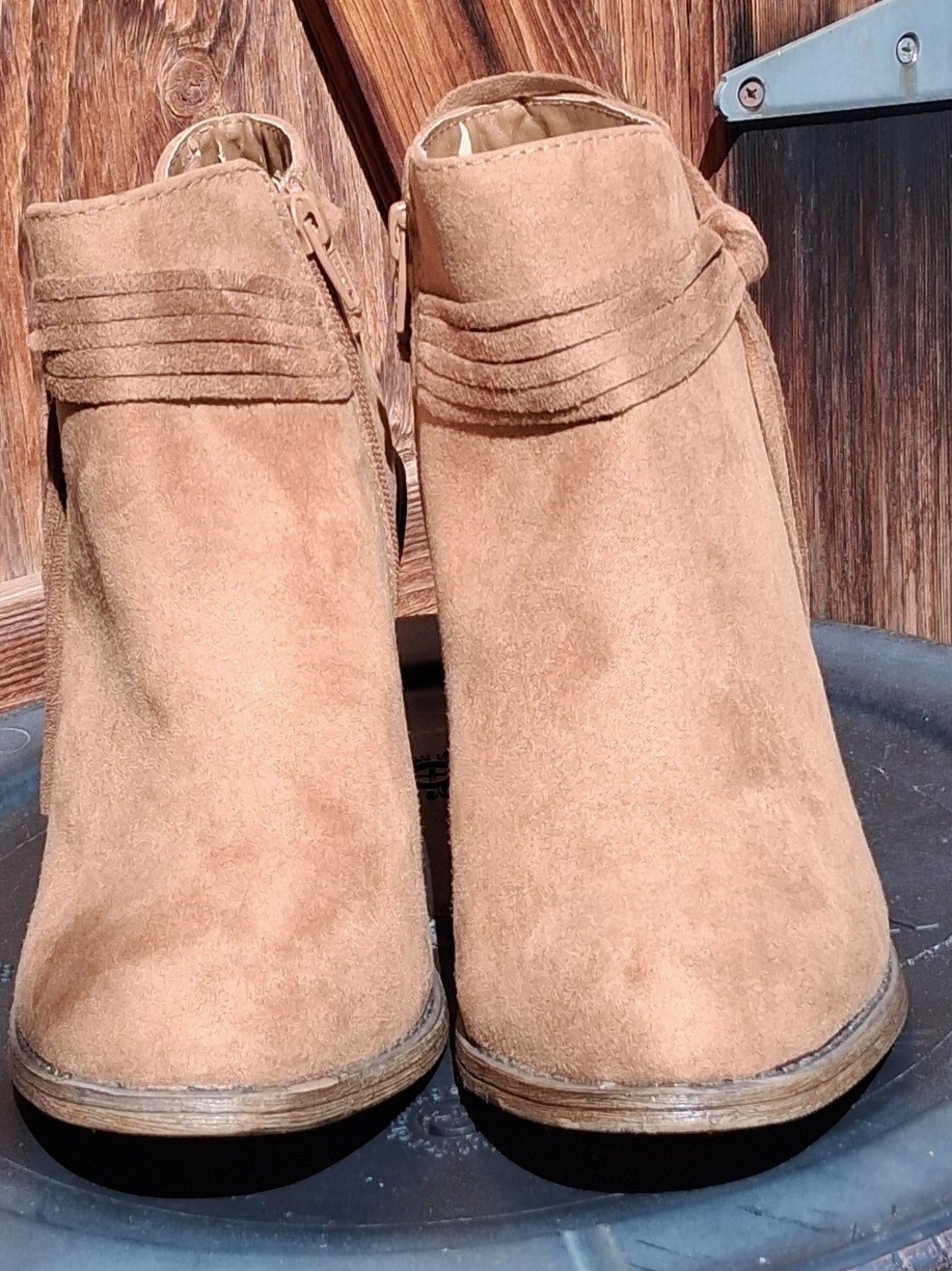 Time and Tru Tan Suede Ankle Booties with Wrapped Strap Detail